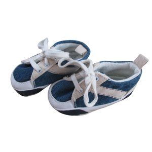 Faded Glory Tennis Shoe Sneakers Infant Boys Size 2 Blue Tan White Shoelace Ties